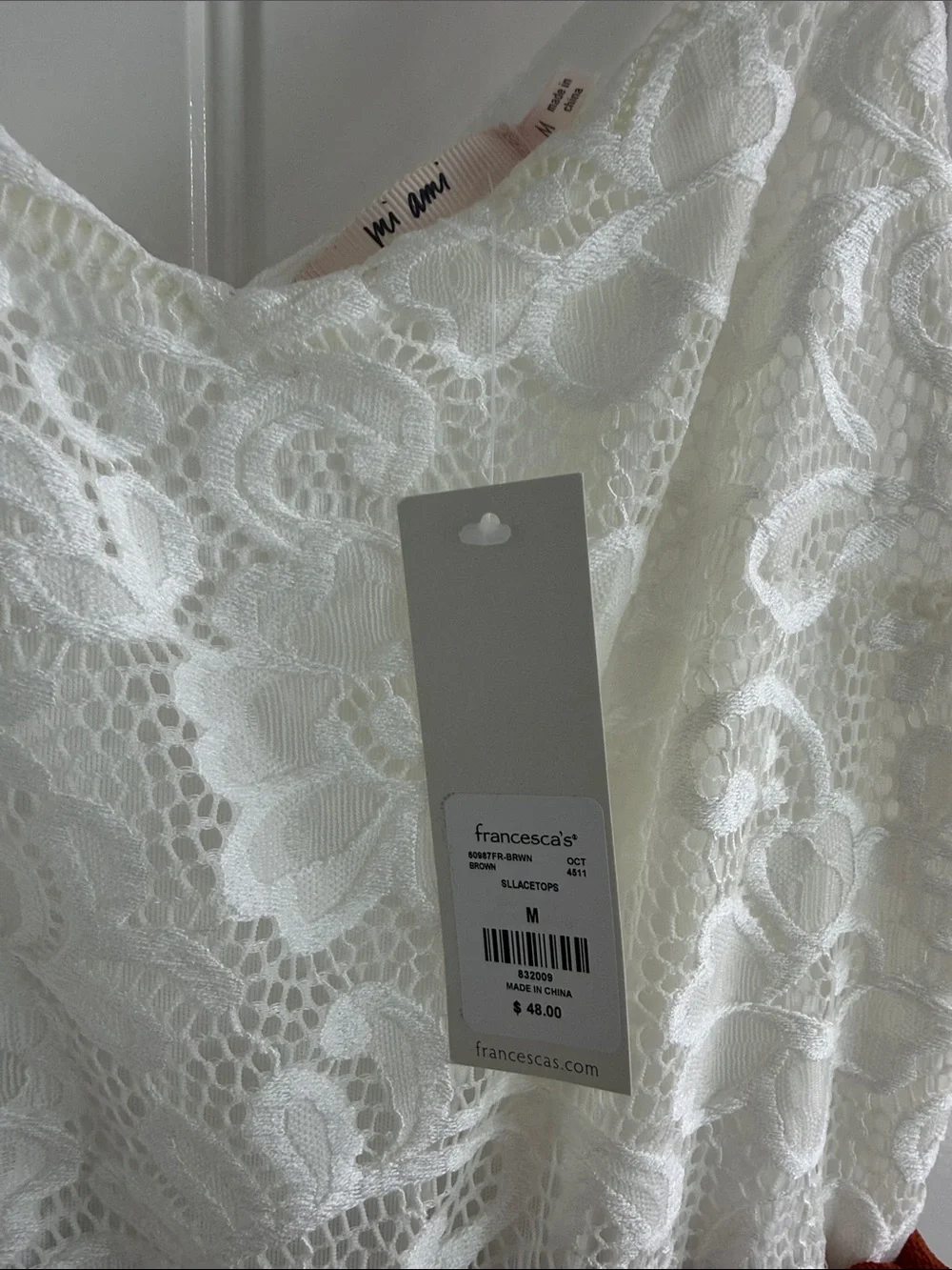 Francesca’s Cream Lace Bodice & Rust Paperbag-Waist Jumpsuit